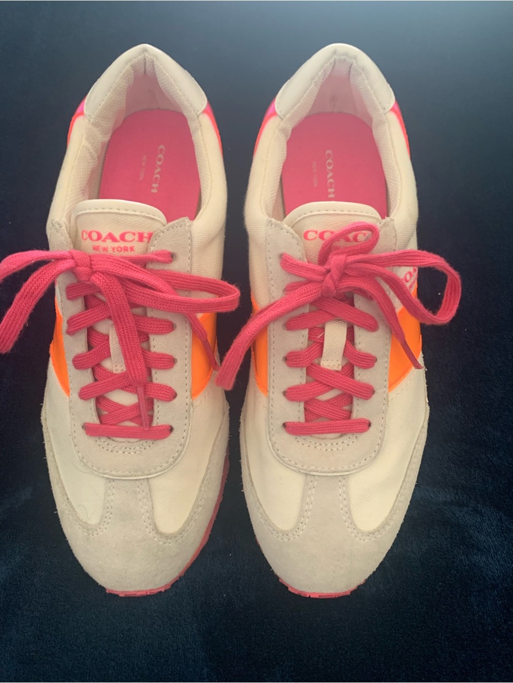 Coach Beige Y2K Sneakers with Pink Laces and Orange Side Panels